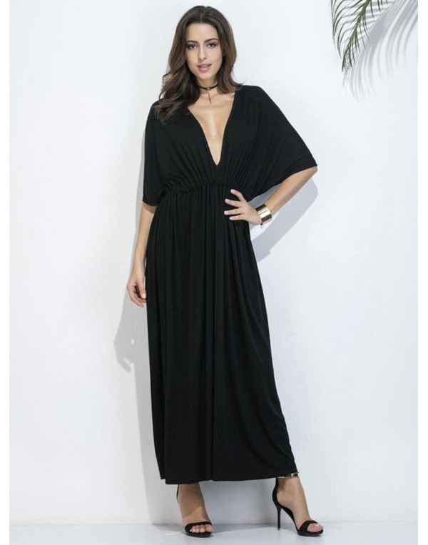 Black Women Half Sleeve Deep V-Neck Maxi Dresses