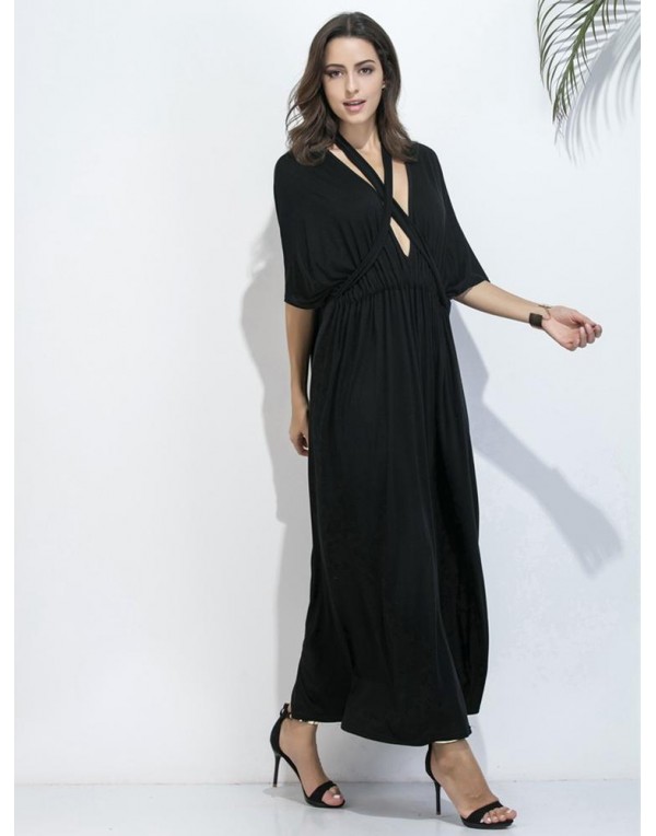 Black Women Half Sleeve Deep V-Neck Maxi Dresses