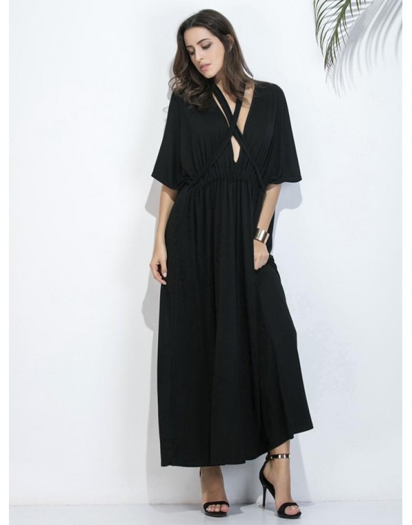 Black Women Half Sleeve Deep V-Neck Maxi Dresses