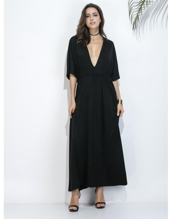 Black Women Half Sleeve Deep V-Neck Maxi Dresses