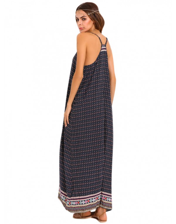 Sexy Women Spaghetti Strap Backless Summer Printed Maxi Dresses