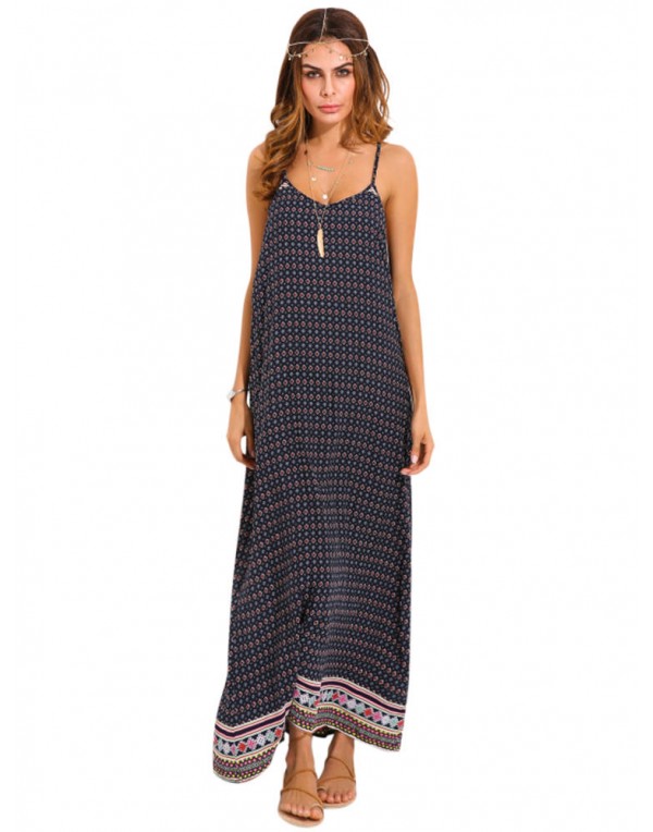 Sexy Women Spaghetti Strap Backless Summer Printed Maxi Dresses