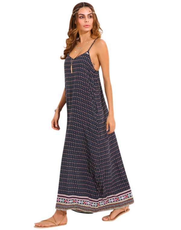 Sexy Women Spaghetti Strap Backless Summer Printed Maxi Dresses