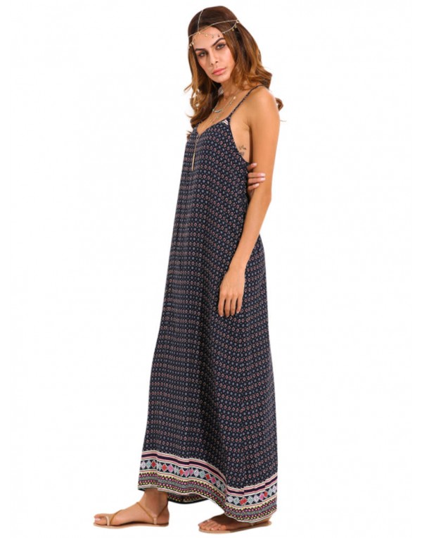 Sexy Women Spaghetti Strap Backless Summer Printed Maxi Dresses