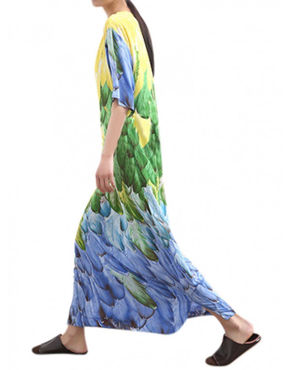 Women Elegant Printed V-neck Half Sleeve Ankle-Length Casual Summer Dress