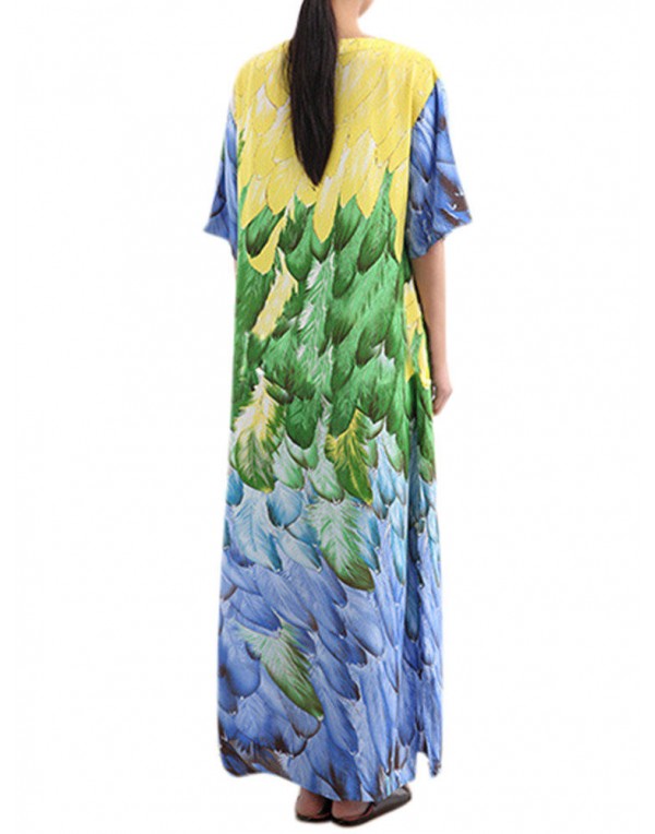 Women Elegant Printed V-neck Half Sleeve Ankle-Length Casual Summer Dress