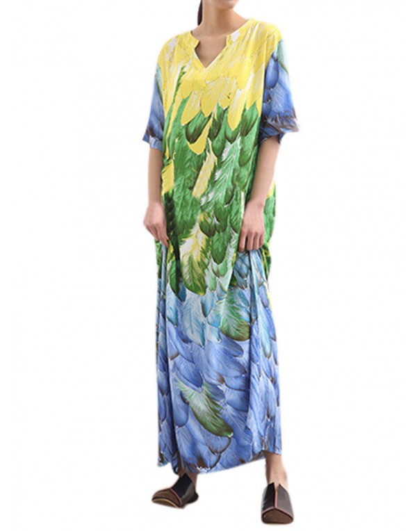 Women Elegant Printed V-neck Half Sleeve Ankle-Length Casual Summer Dress