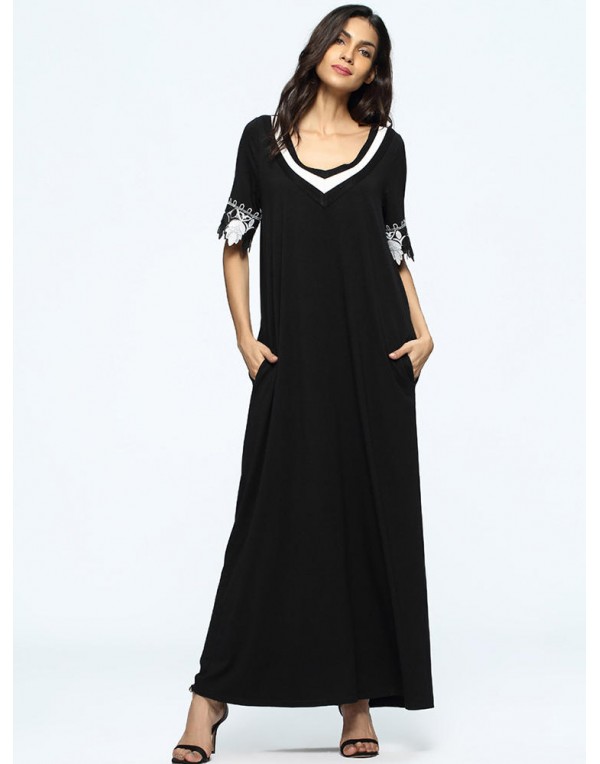 Women Crochet Lace Patchwork Short Sleeve Black Maxi Dresses