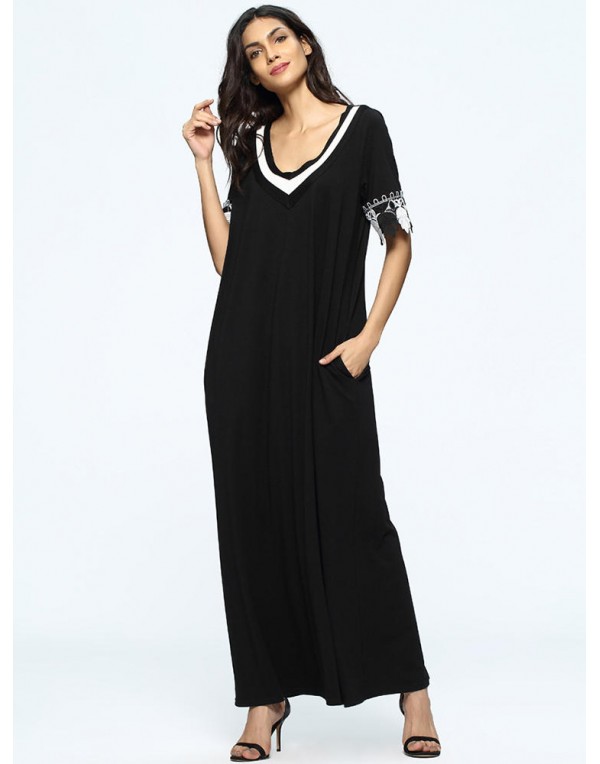 Women Crochet Lace Patchwork Short Sleeve Black Maxi Dresses