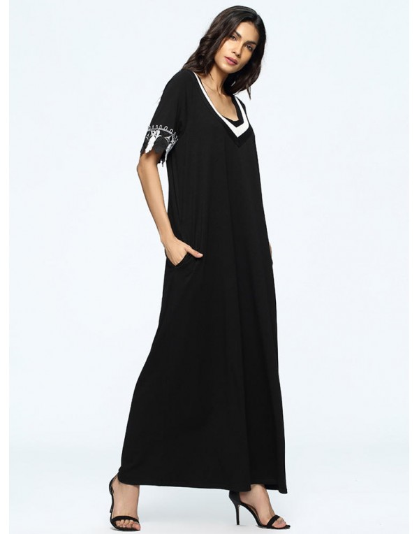 Women Crochet Lace Patchwork Short Sleeve Black Maxi Dresses