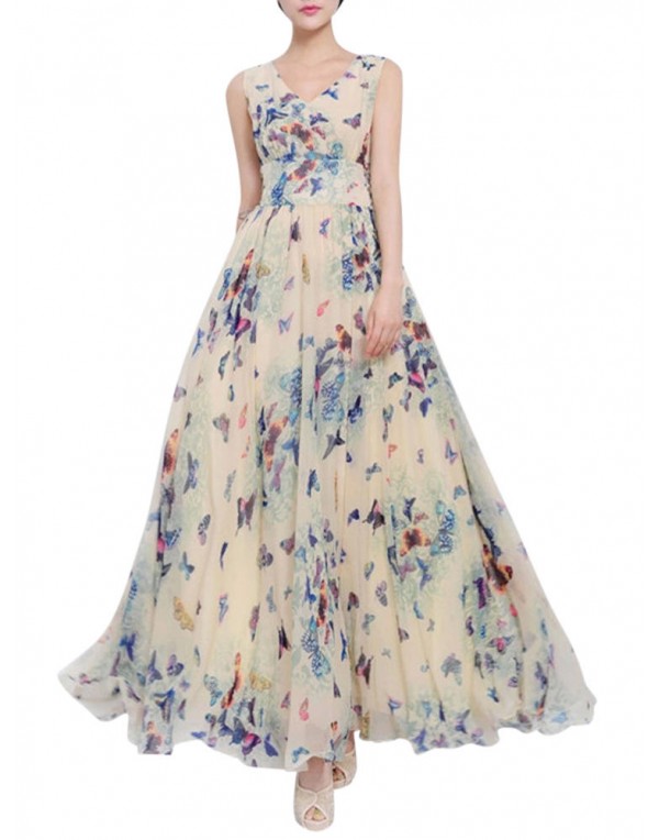 Women Butterfly Printed Chiffon Sleeveless Zipper Maxi Dresses