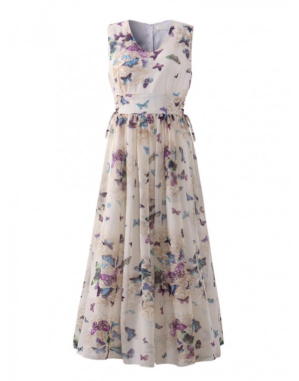 Women Butterfly Printed Chiffon Sleeveless Zipper Maxi Dresses