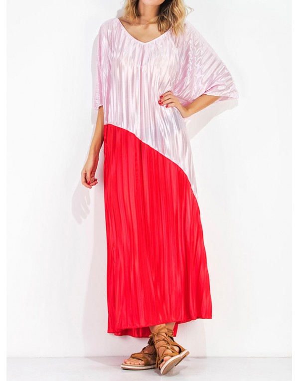 Casual Women Patchwork V-neck Bell Sleeve Loose Maxi Dresses