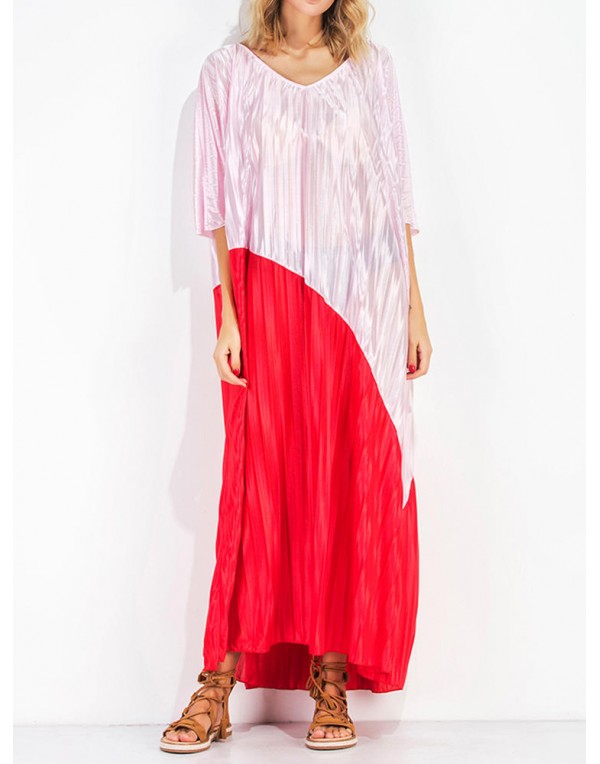 Casual Women Patchwork V-neck Bell Sleeve Loose Maxi Dresses