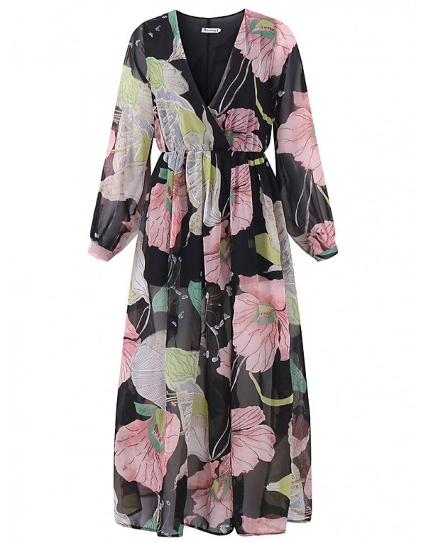 Women Sexy Maxi V-Neck Dress Floral Belted Waist  Long Sleeve Dresses