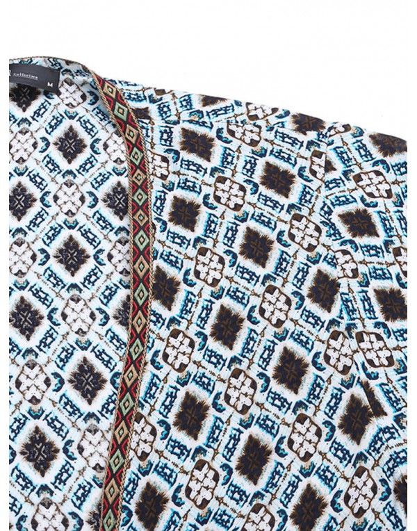 Casual Loose Women Geometric Printed Short Sleeve Beach Long Cardigans