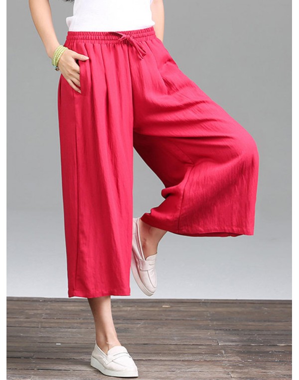 Casual Pure Color Loose Cotton Women Wide Leg Pant...