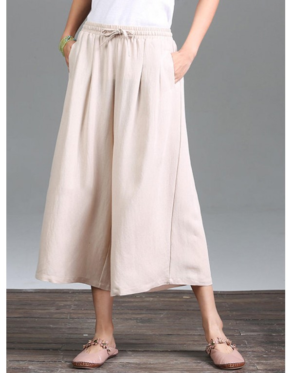 Casual Pure Color Loose Cotton Women Wide Leg Pants