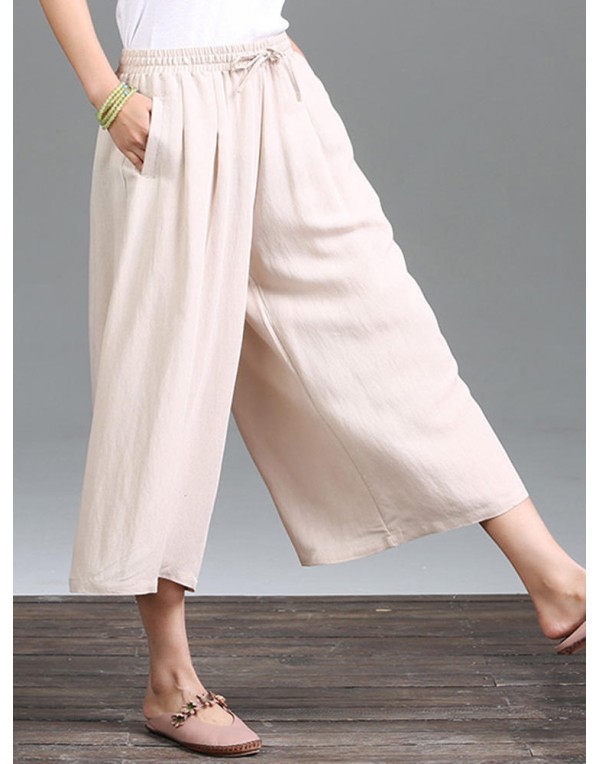 Casual Pure Color Loose Cotton Women Wide Leg Pants