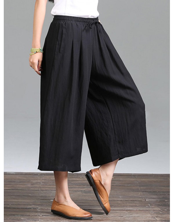 Casual Pure Color Loose Cotton Women Wide Leg Pants