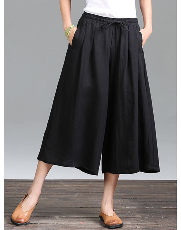 Casual Pure Color Loose Cotton Women Wide Leg Pants