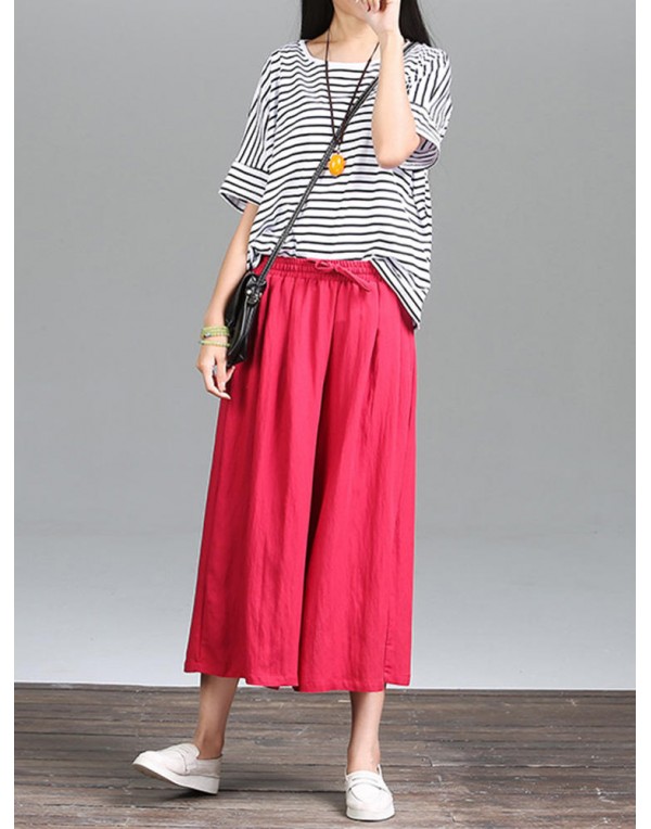 Casual Pure Color Loose Cotton Women Wide Leg Pants