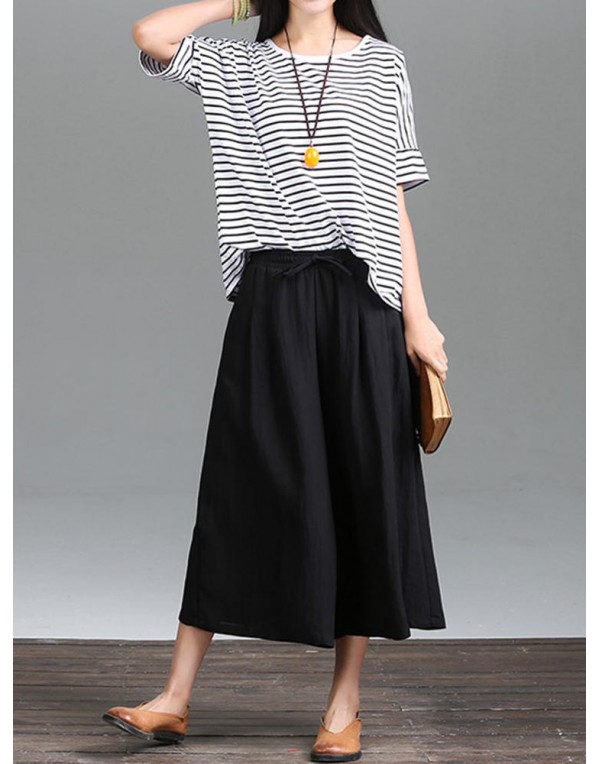 Casual Pure Color Loose Cotton Women Wide Leg Pants