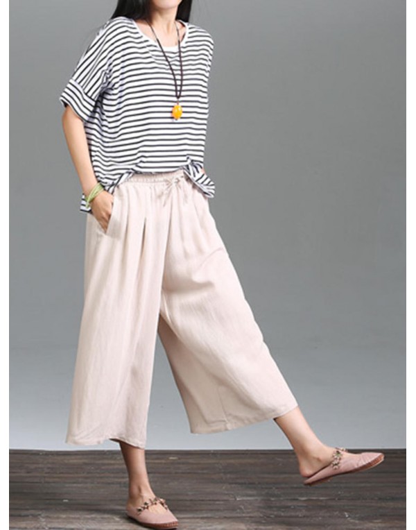 Casual Pure Color Loose Cotton Women Wide Leg Pants