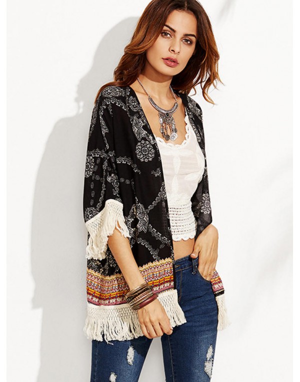 Black Floral Print Tassel Patchwork Loose Beach Summer Cardigans