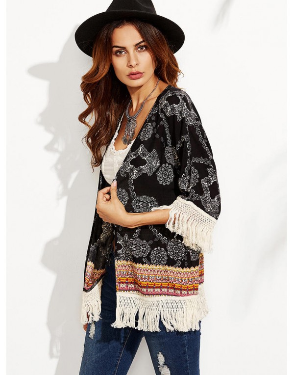 Black Floral Print Tassel Patchwork Loose Beach Summer Cardigans