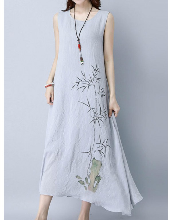 Women Sleeveless Bamboo Printed Loose Hem Maxi Dress