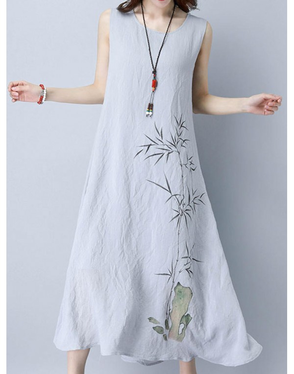 Women Sleeveless Bamboo Printed Loose Hem Maxi Dress