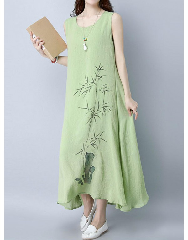 Women Sleeveless Bamboo Printed Loose Hem Maxi Dress