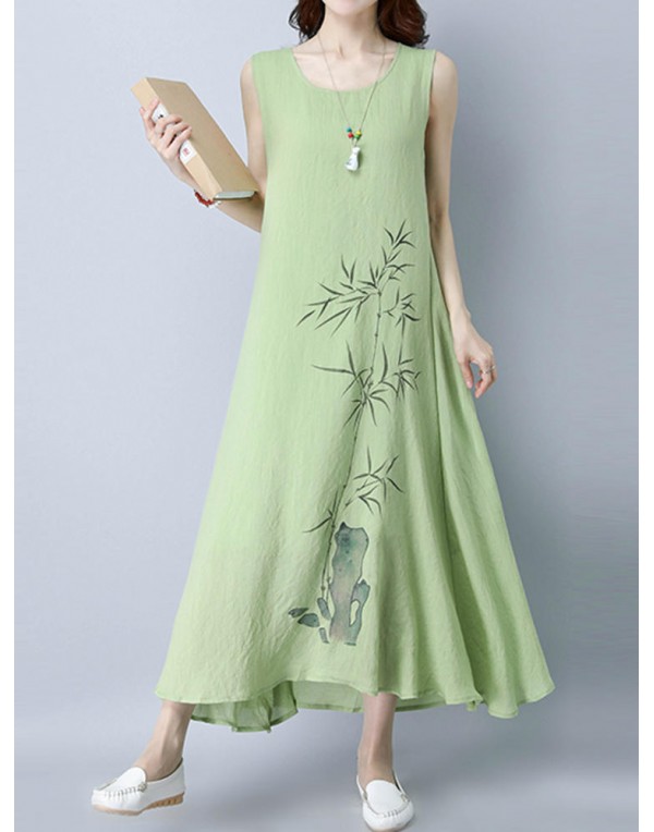 Women Sleeveless Bamboo Printed Loose Hem Maxi Dress