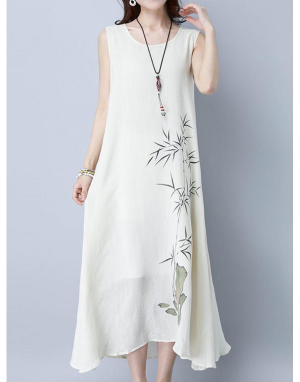 Women Sleeveless Bamboo Printed Loose Hem Maxi Dress