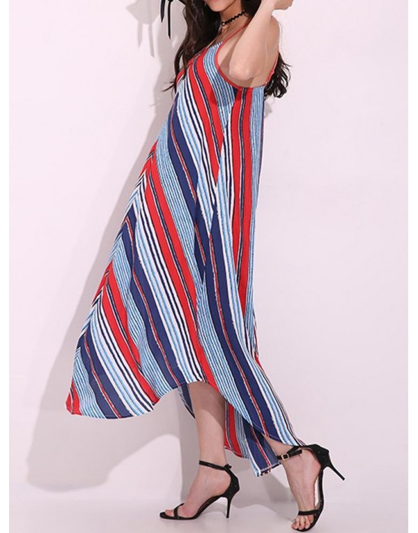 Sexy Women Spaghetti Strap Backless Striped Irregular Hem Boho Maxi Dresses