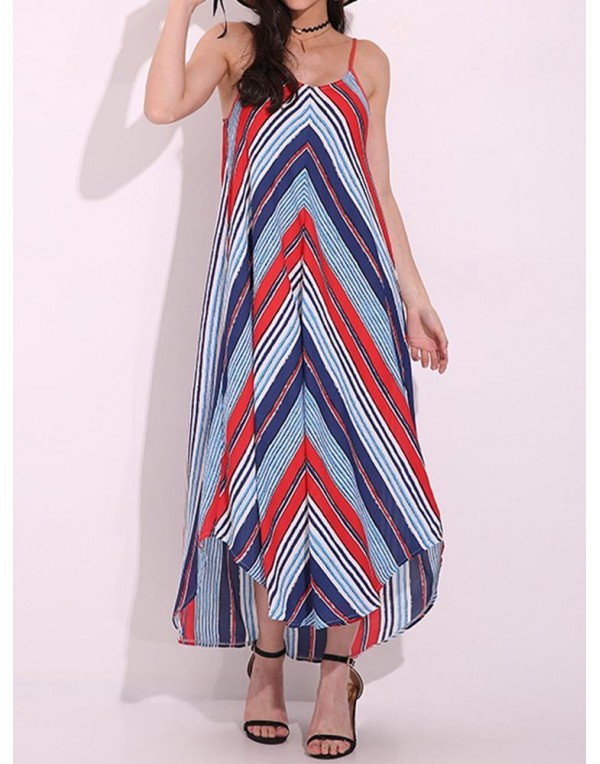 Sexy Women Spaghetti Strap Backless Striped Irregular Hem Boho Maxi Dresses