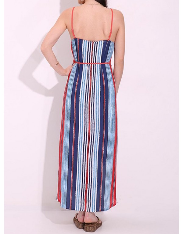 Sexy Women Spaghetti Strap Backless Striped Irregular Hem Boho Maxi Dresses