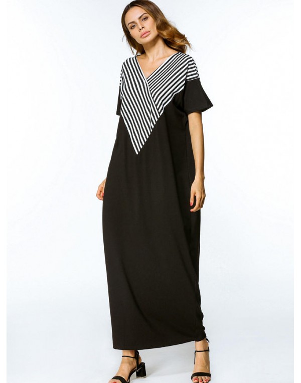 Women Casual Loose V-neck Stripe Patchwork Short Sleeve Maxi Dresses