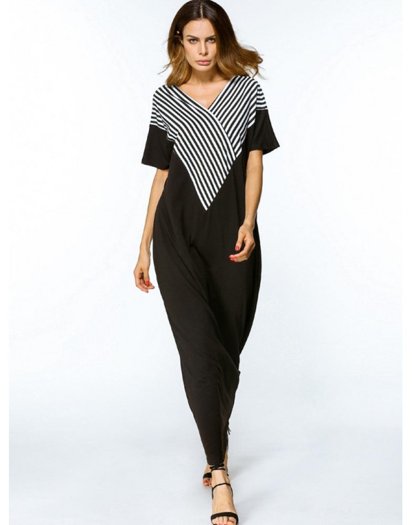 Women Casual Loose V-neck Stripe Patchwork Short Sleeve Maxi Dresses