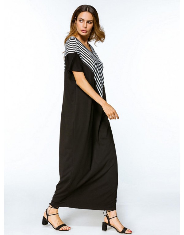 Women Casual Loose V-neck Stripe Patchwork Short Sleeve Maxi Dresses