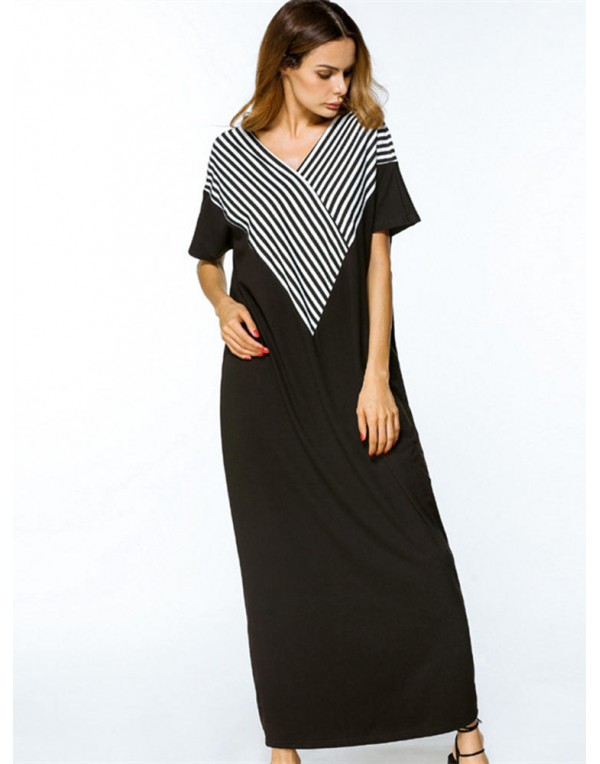 Women Casual Loose V-neck Stripe Patchwork Short Sleeve Maxi Dresses