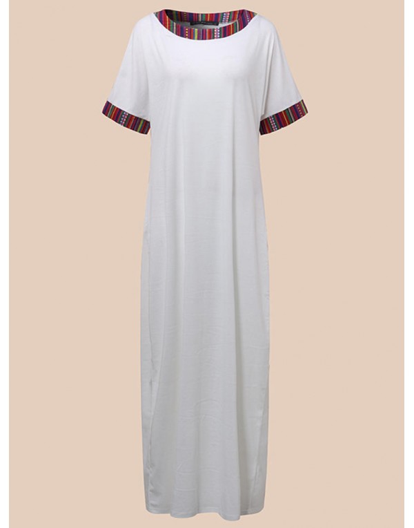 Casual Women Striped Trim Patchwork Short Sleeve Maxi Dress