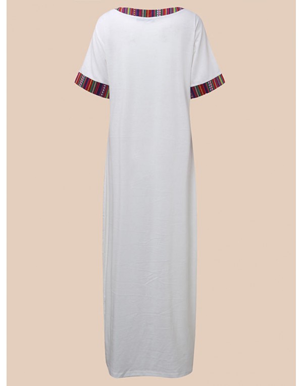 Casual Women Striped Trim Patchwork Short Sleeve Maxi Dress