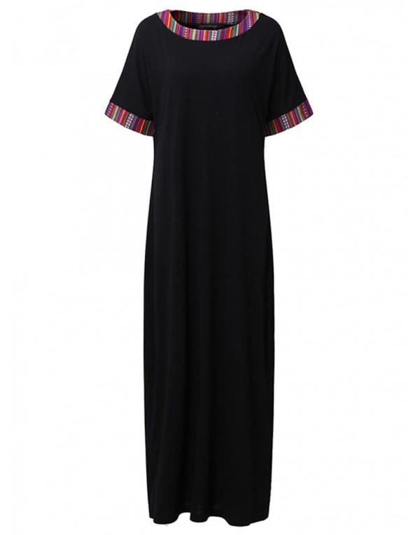 Casual Women Striped Trim Patchwork Short Sleeve Maxi Dress