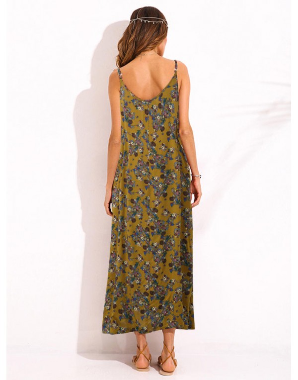 Bohemian Women Spaghetti Strap Floral Printed Loose Maxi Dress