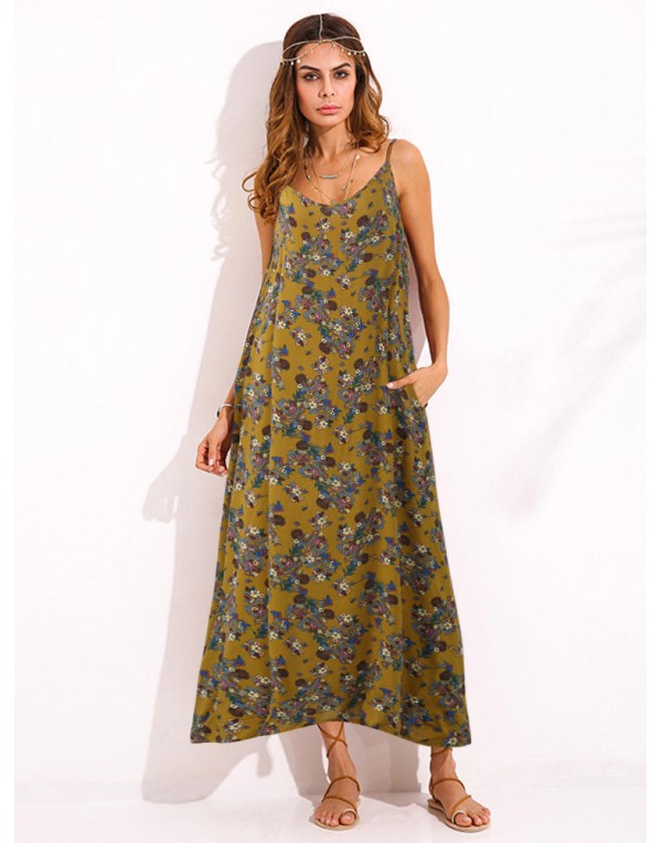 Bohemian Women Spaghetti Strap Floral Printed Loose Maxi Dress