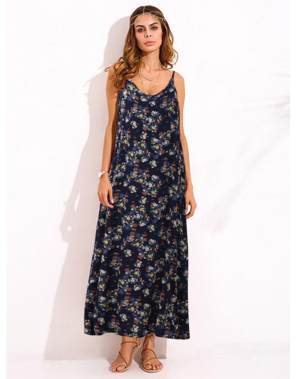 Bohemian Women Spaghetti Strap Floral Printed Loose Maxi Dress