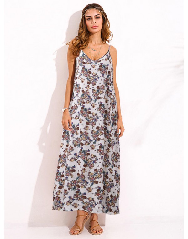 Bohemian Women Spaghetti Strap Floral Printed Loose Maxi Dress