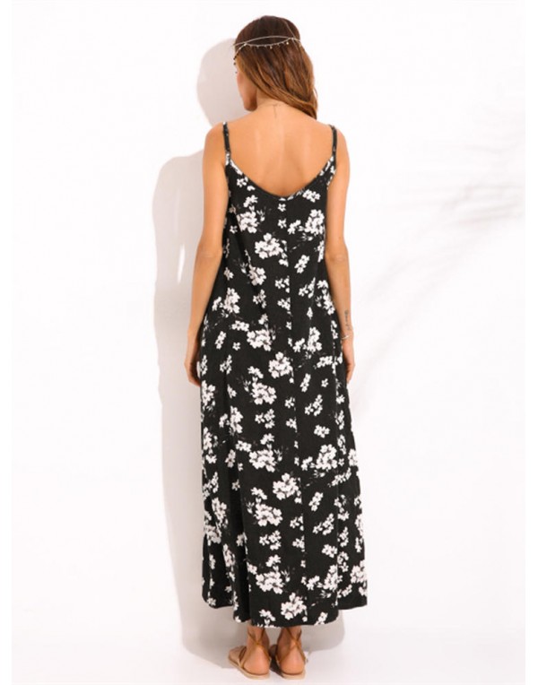 Bohemian Sleeveless Spaghetti Strap Floral Print Maxi Dress